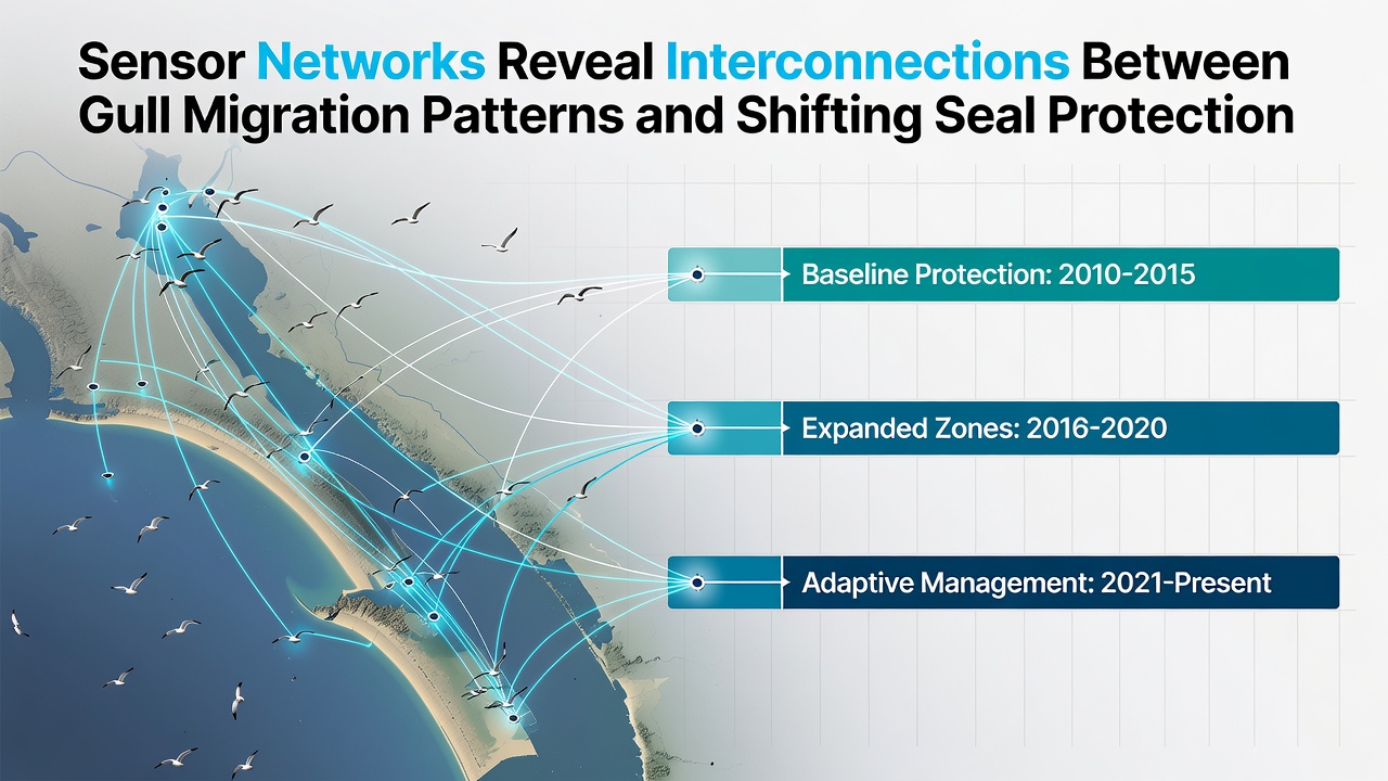 Visualization dashboard displaying overlaid gull flight tracks and dynamic seal protection boundaries from 2025-2026 sensor data